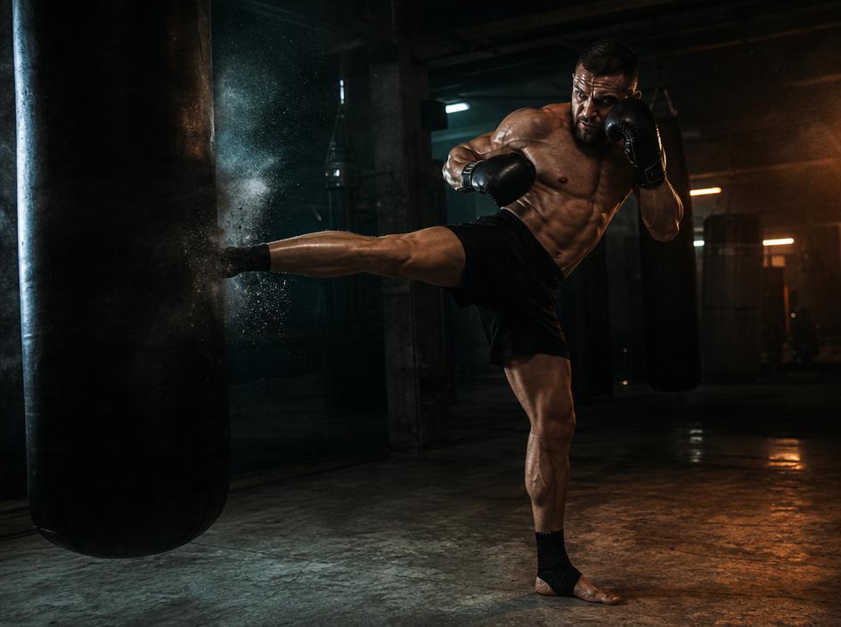 Low kick explosif sur sac de frappe